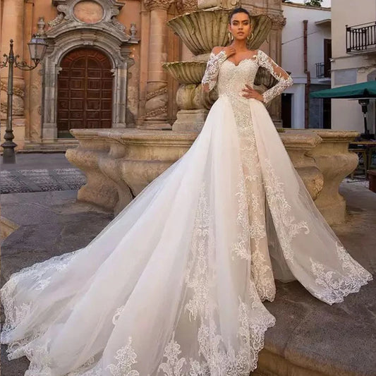 Vestido de novia de lujo con encaje bordado blanco, vestido de novia elegante sin tirantes con cuentas, vestido largo de fiesta de noche