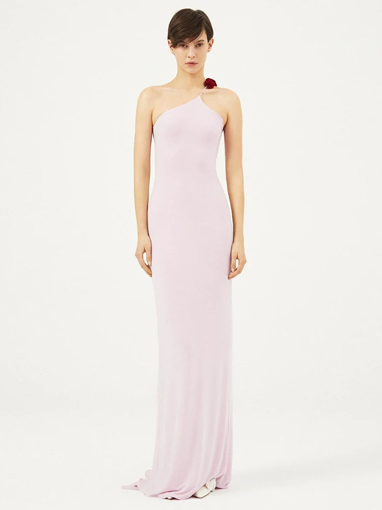Women'S Pink Dress Elegant And Pretty Maxi Gown 3D Flower Design Diagonal Collar Sleeveless Formal Party Vestidos