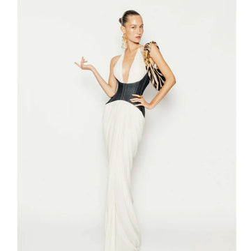 Denim Waistband Patchwork Sexy V-Neck Halter Mermaid Floor Length Dress Fashion Woman Party Dress Holiday Vocation Outfit