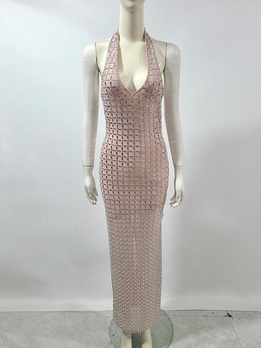 Super Sparkling Diamonds Sexy See Through Mesh V-Neck Sheath Ankel Length Dress Fashion Woman Party Dress Birthday Party Outfit Pink