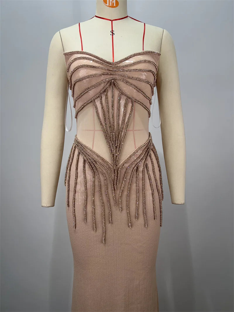 Shining Sequin Sexy Mesh See Through Strapless Ankle Length Dress Woman Evening Party Dress Celebrity Party Vestido