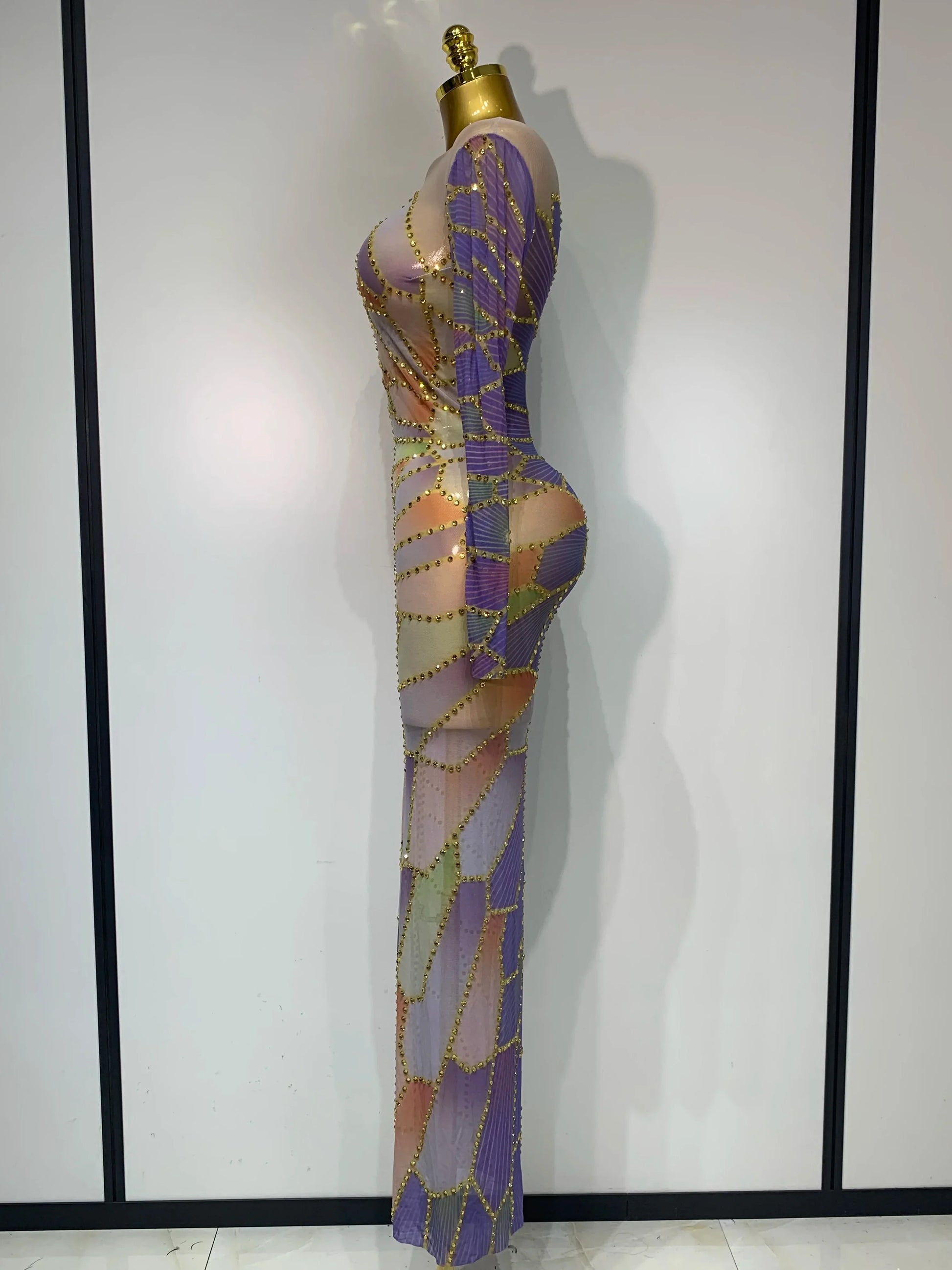 Sparkly Rhinestone Stretchy Mesh See Through Dress Women Performance Dancer Costume Luxury Birthday Nightclub Stage Outfit