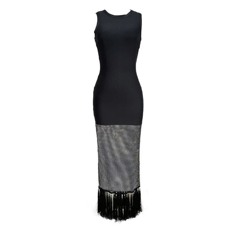 Glamorous Black Sleeveless Dress with Mesh and Fringe Detail Fashion Evening Gown black