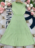Listing Elegant Striped Knit Dress Women O-neck Sleeveless A-line Dresses Club Evening Party Midi Vestido Light Green
