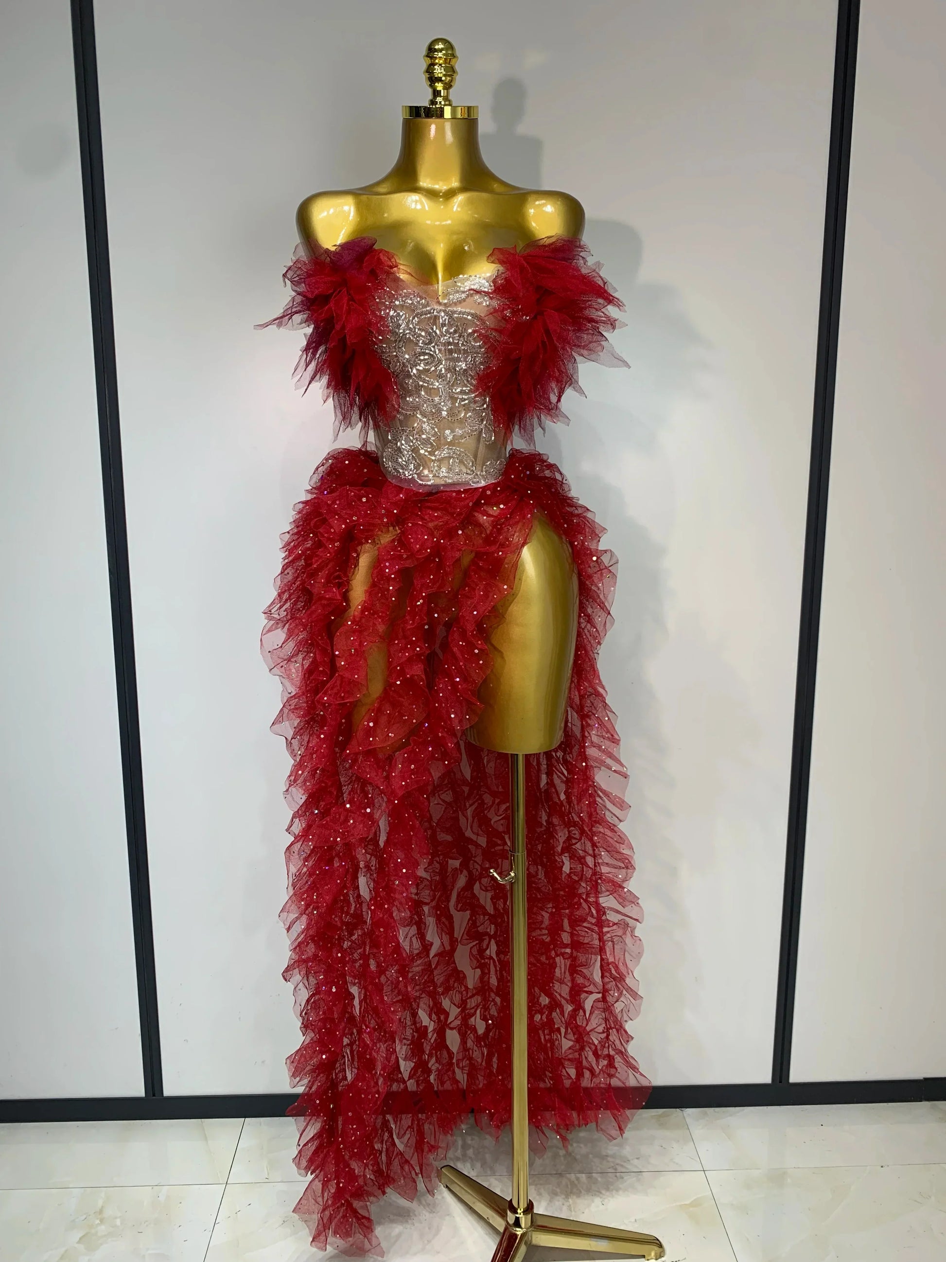 Women Sexy Strapless Mesh two Pieces Set Bodycon Long Dress High Split Nightclub Party Luxury Birthday Singer Stage Outfit Red