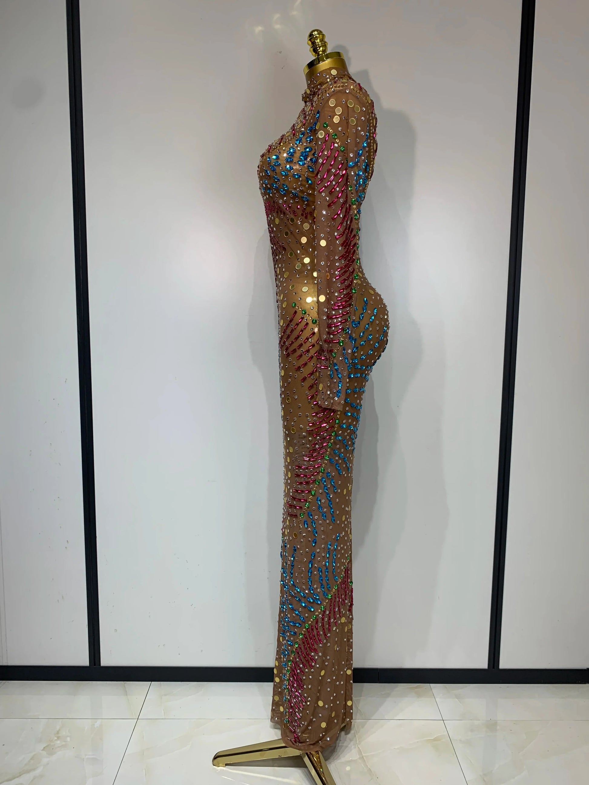 Women Sparkly Rhinestone See Through Elastic Mesh Women Long Dress Evening Prom Birthday Party Wear Club Performance Costume