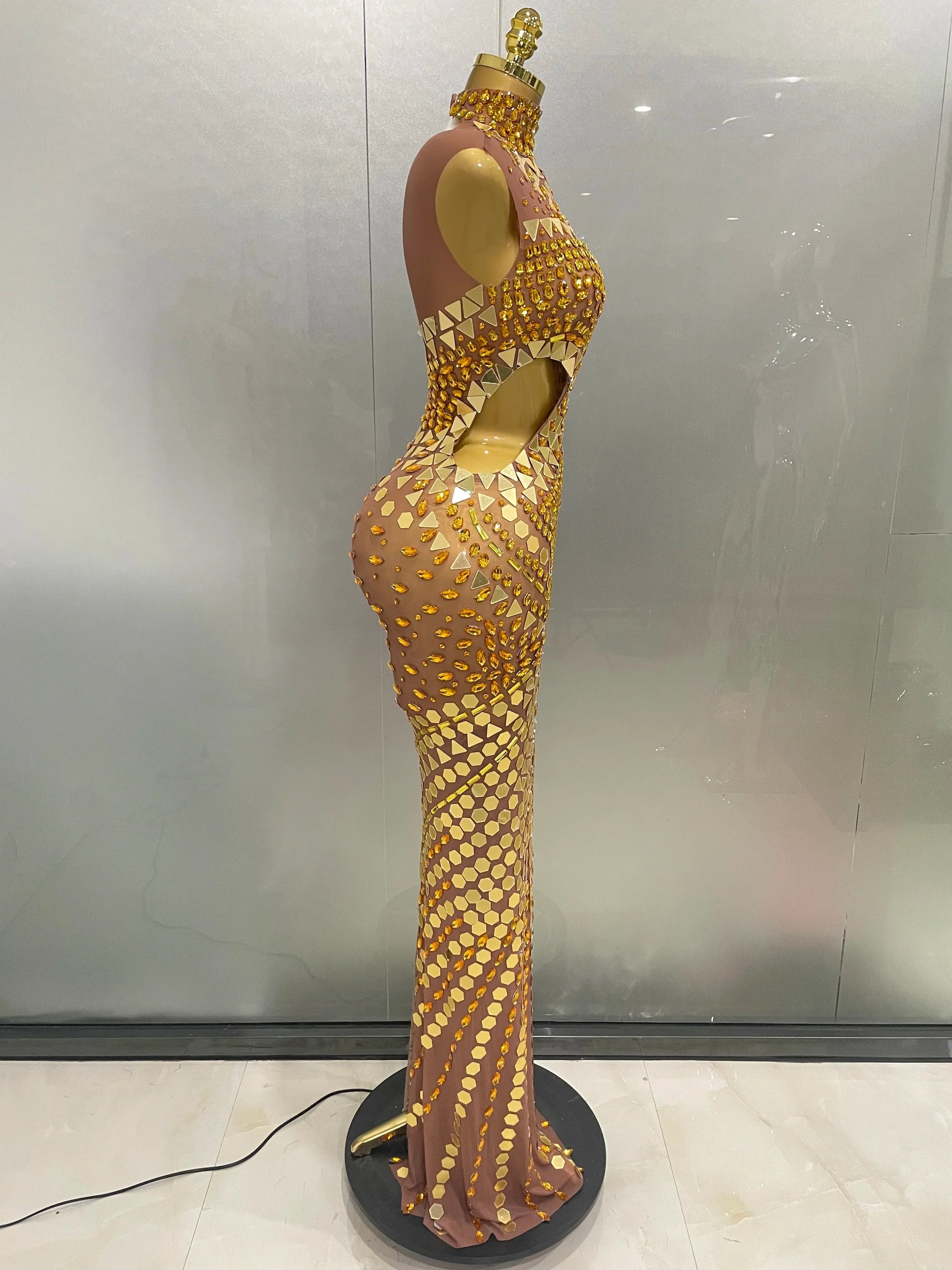 Luxury Shiny Mirror Rhinestones Hollowed-out Long Dress Women Celebrity Evening Party Catwalk Prom Stage Photo Shoot Dresses