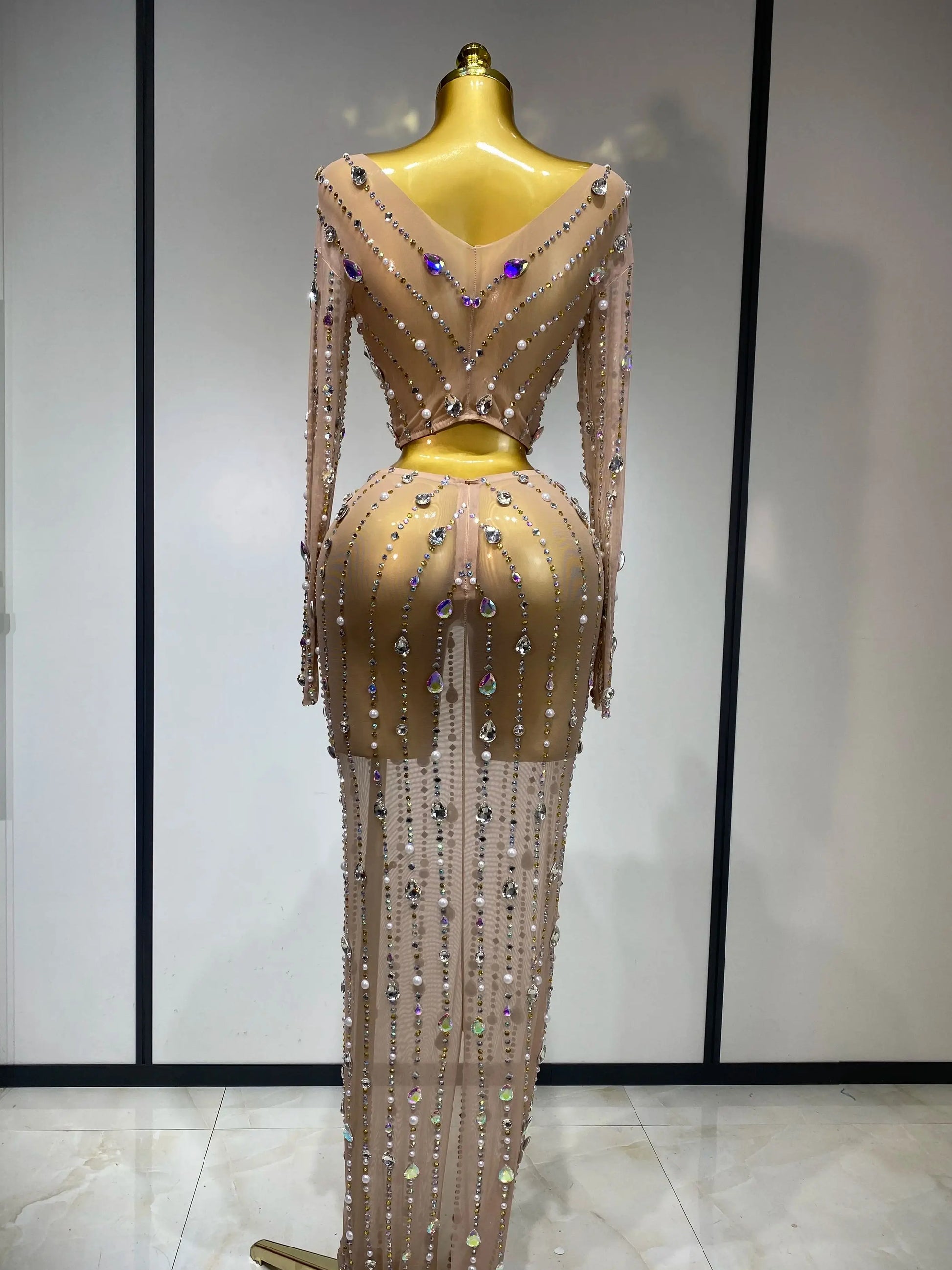 Women Sparkly Rhinestones Top Long Skirt Two Pieces Set Singer Dancer Nightclub Stage Performance Costume Luxury Birthday Dress