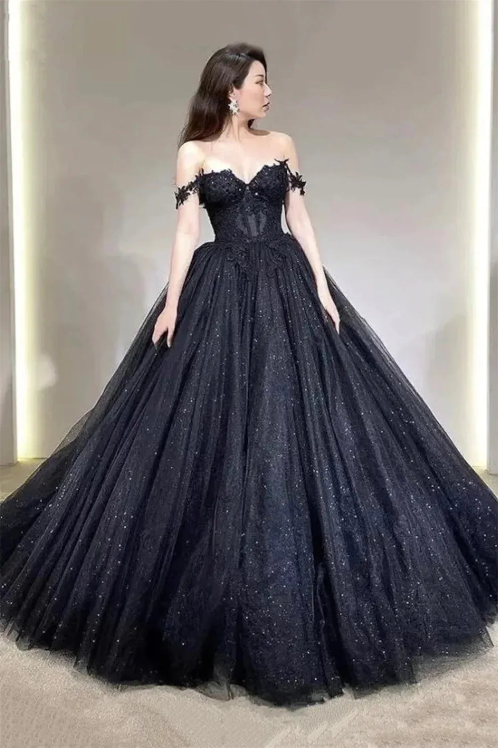 Black Prom Dresses Ball Gown Tulle فساتين السهرة Elegant Sleeveless Heart Shaped Neck Shiny Sequins Vestidos De Noche 2024 as pic