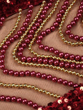 Red Shiny Sequins Pearl Chain See Through Mesh Long Dress Long Sleeves Beading Maxi Elegant Party Evening Gowns Vestido