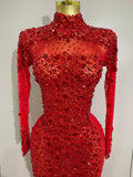 Sparkling Red Crystals Feathers Long Sleeve Mermaid Maxi Dress Women Wedding Celebrate Luxury Birthday Party Prom Gown