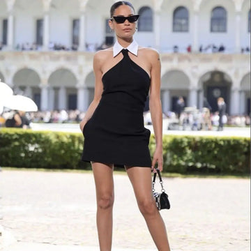 summer Fashion Design Turn Down Collar Sleeveless Black Mini Dress Woman Rayon Bandage Dress Evening Party Outfit