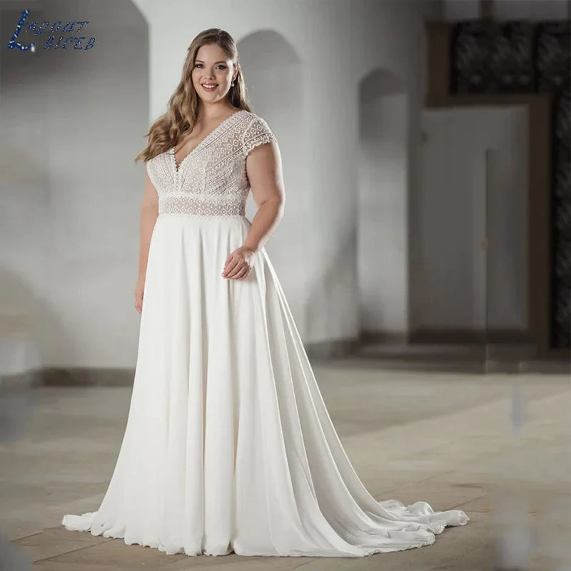 Gaun Perkahwinan V-Neck Elegant Lengan Pendek Backless Chiffon Bride Gowns A-Line Plus Size Bridal Vestidos Para Mujer