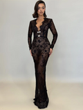 Black Long Dresses For Women Sexy V Neck Long Sleeve Lace Evening Maxi Gown Fashion Summer Dresses