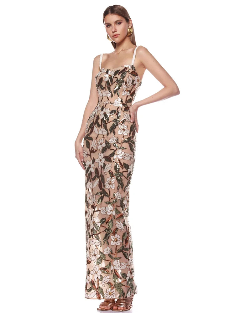 Sexy Strapless Floral Sequins Long Dress For Women Flower Embrodery Backless Slim Cocktail Evening Party Gowns