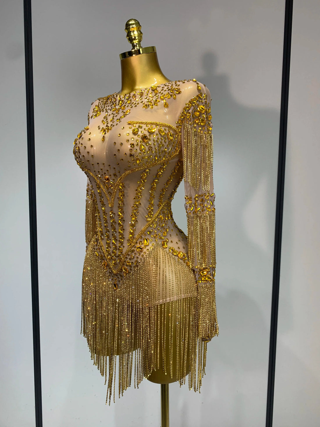 Luxury Birthday Evening Party Gown Sparkly Rhinestone Bodysuit Women Sexy Mesh See Through Performance Dance Stage Costume Gold