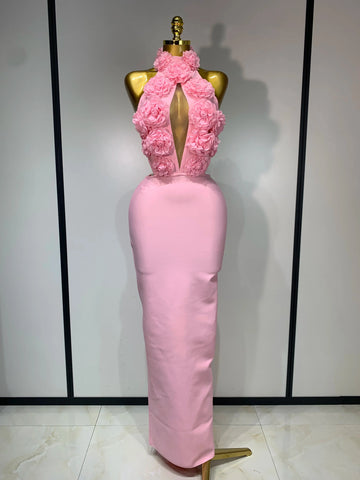 Luxury Birthday Dress Women Celebrity Sexy Halter Backless Flower Long Bandage Bodycon Dress Elegant Evening Party Outfit ﻿ Pink