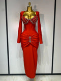 Women Sexy Luxury Sparkly Diamond Bandage Long Sleeve Bodycon Dress Celebrity Elegant Evening Club Pary Birthday Dresses Red