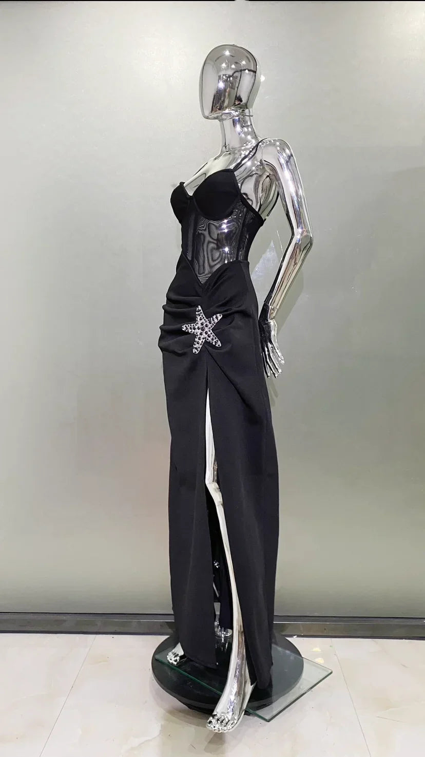 Starfish Sexy See Through Mesh Patchwork Bandage Spaghetti Strap Floor Length Dress Evening Dress Celebrity Party Outfit