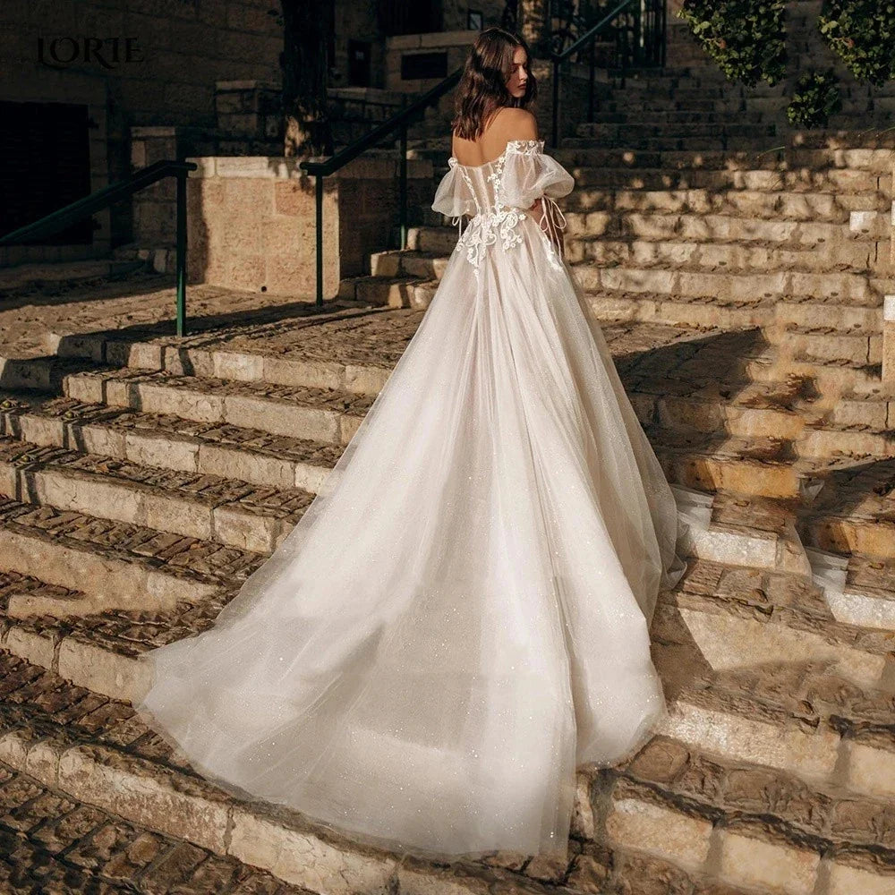 Gaun pengantin sederhana vintage-leher perahu gaun pengantin a-line appliques jubah tulle dari bahu vestidos de novia