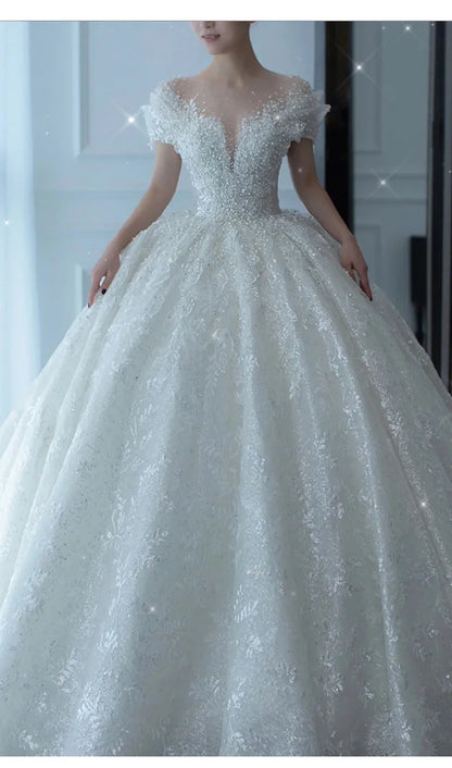 D120 Princess Sexy Luxury Crystal Manik Perkahwinan Pakaian Puff Tulle White Wedding Gown Gaun Pengantin Sederhana Wanita