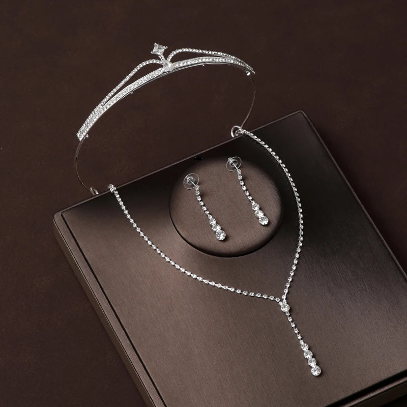 Luxury Silver Color Crystal Water Drop Bridal Jewelry Sets Rhinestone Tiaras Crown Necklace Earrings Wedding Dubai Jewelry Set TS-0242-A-XL-0009-A Tiaras