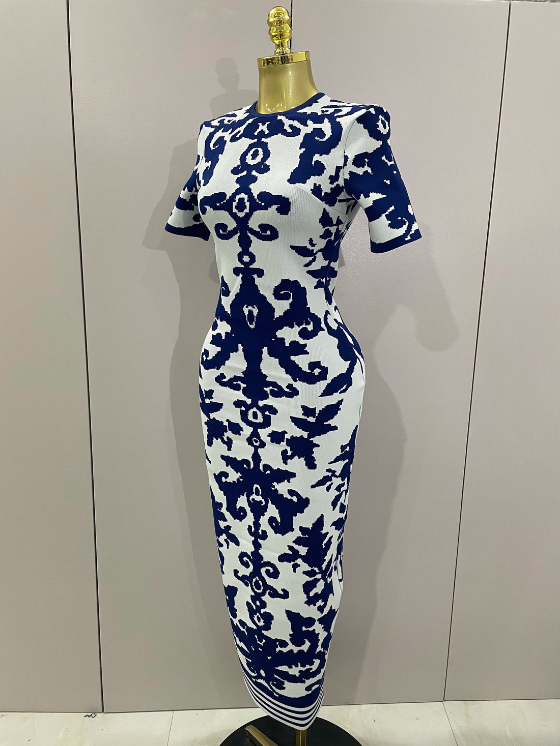 Sexy Short Sleeve Jacquard Blue Bandage Bodycon Long Dress Women Celebrity Elegant Evening Club Party Luxury Dresses Blue