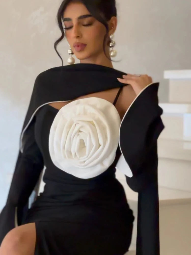 Summer New Simple Black Crepe 3D Flowers Mermaid Prom Dress Slim Long Sleeve Ankle-Length Formal Evening Dress