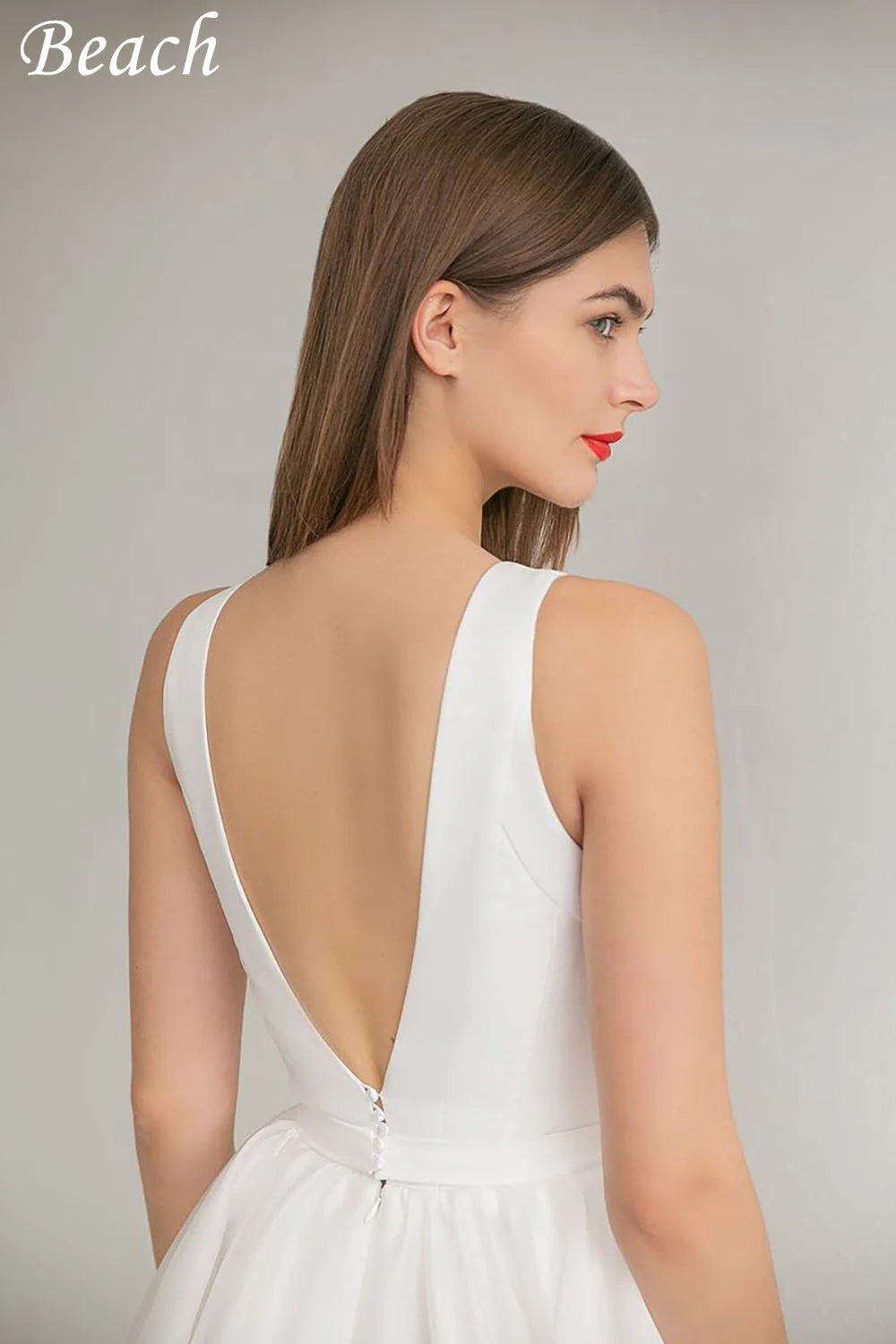 Pantai elegan o leher pakaian perkahwinan pendek untuk wanita mini lengan tanpa garis backless backless simple pengantin gaun jubah de Mariee
