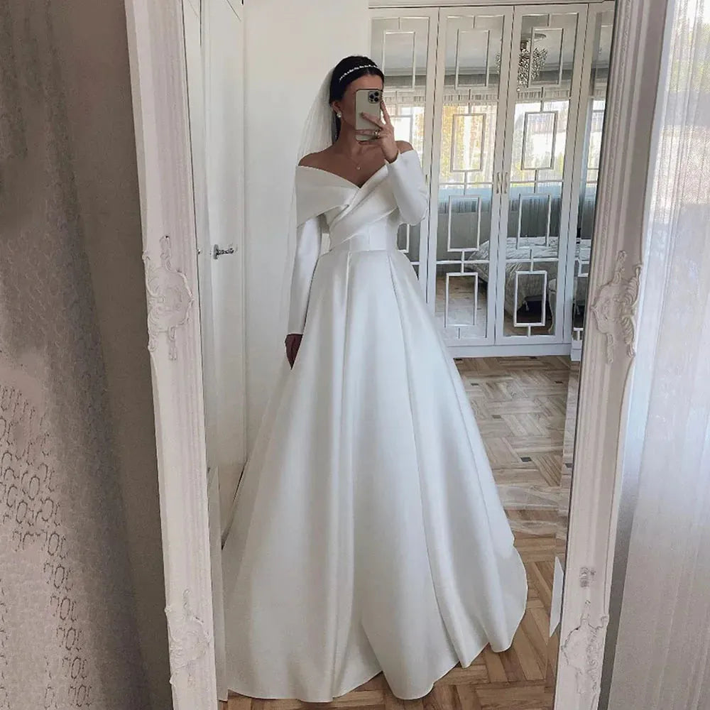 Satin Wedding Dresses With Long Sleeves Dubai Elegant Bride Dress A-Line White/Ivory Bridal Gowns vestidos de novia 26w Satin