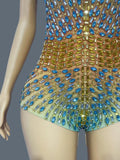 New Sparkly Rhinestone Elastic Spandex Bodysuit Women's Club Bars Sexy Dance Show Crystals Vest Bodysuit Party Stage Wear Sitiao
