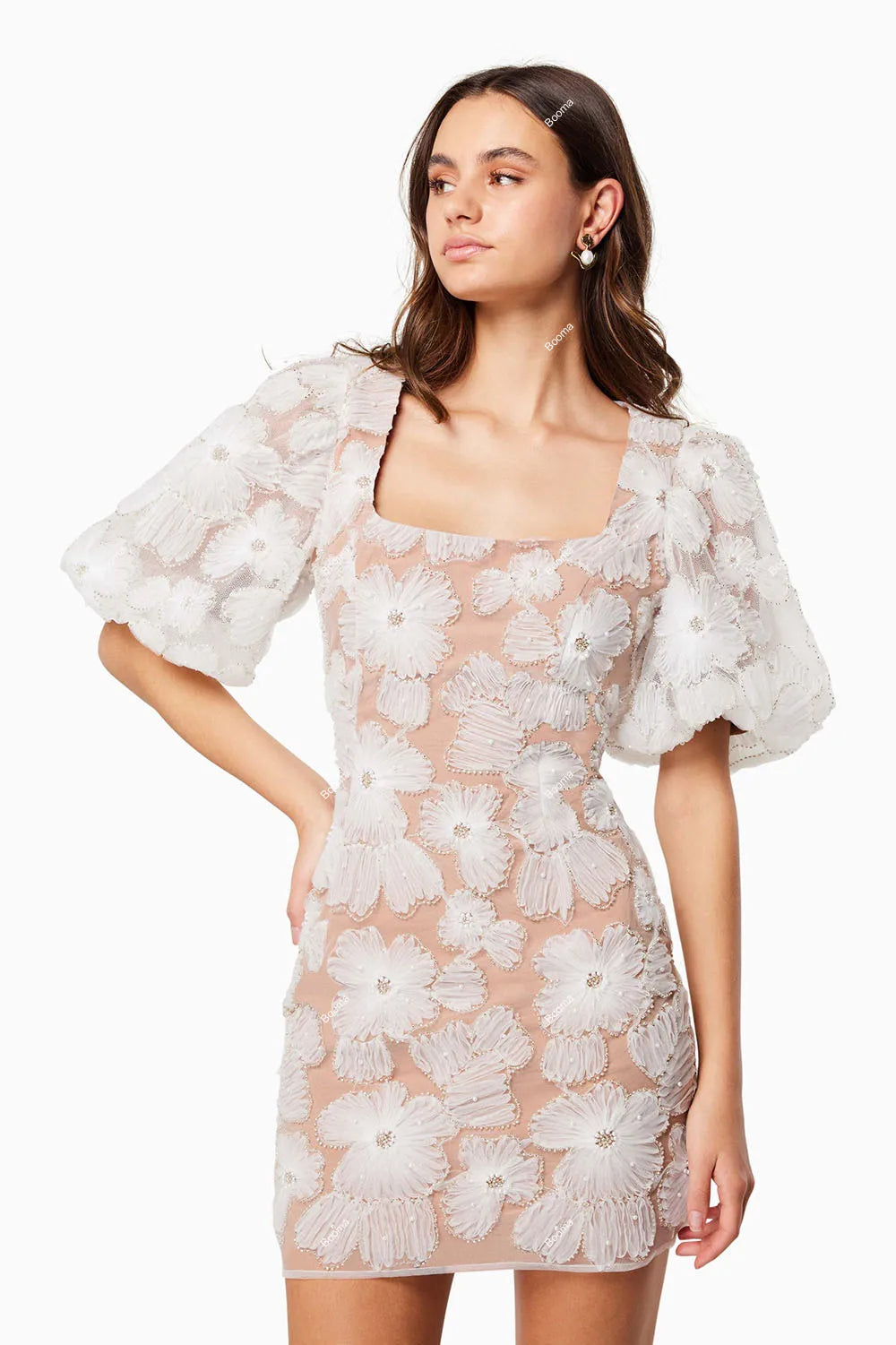 Mini Meerjungfrau Abschlussball Kleider Kurzärmelne Blumen Spitzen Hochzeitsfeierkleider für Frauen Square Kragen Cocktailkleid