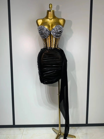 Sexy Two Pieces Top Skirt Sets Sparkly Diamonds See Through Stage Outfit Designer Performance Party Nightclub Birthday Dress black