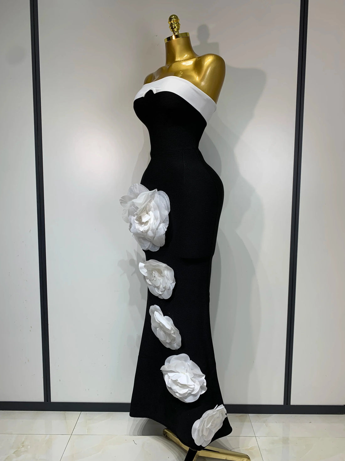 Women Sexy Strapless Backless Flower Maxi Long Bandage Dress Knitted Celebrity Elegant Evening Club Party Birthday Dresses black