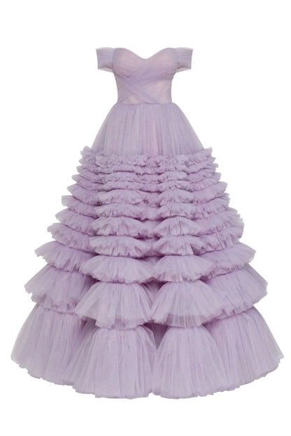 Lavender Cake shaped Tulle Prom Dress Multilayer Mesh Off Shoulder Ball Gown Vestidos De Fiesta Sleeveless Party Dress