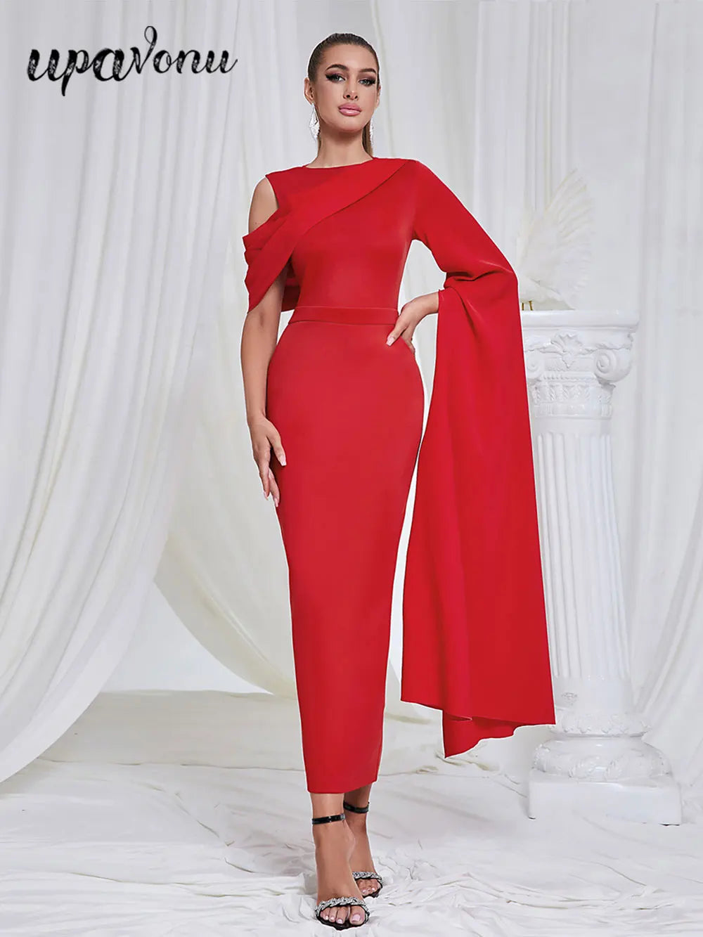 Chic and Elegant Women's Red Dress O-neck Single Shoulder Oversized Trumpet Sleeve Bodycon Long Dress Evening Party Vestido