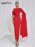 Chic and Elegant Women's Red Dress O-neck Single Shoulder Oversized Trumpet Sleeve Bodycon Long Dress Evening Party Vestido