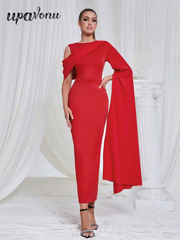 Chic and Elegant Women's Red Dress O-neck Single Shoulder Oversized Trumpet Sleeve Bodycon Long Dress Evening Party Vestido
