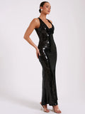 Summer Women'S Dress Black Sequins Tight Sexy V-Neck Sleeveless Backless Catwalk Party Long Gowns With 3D Flower