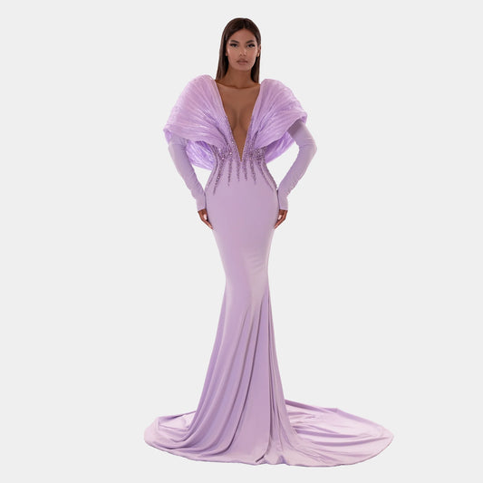 Vestidos de fiesta de sirena morados lila elegantes con pliegues hombro 3D cuello en V profundo con cuentas vestido para ocasiones formales vestidos de fiesta