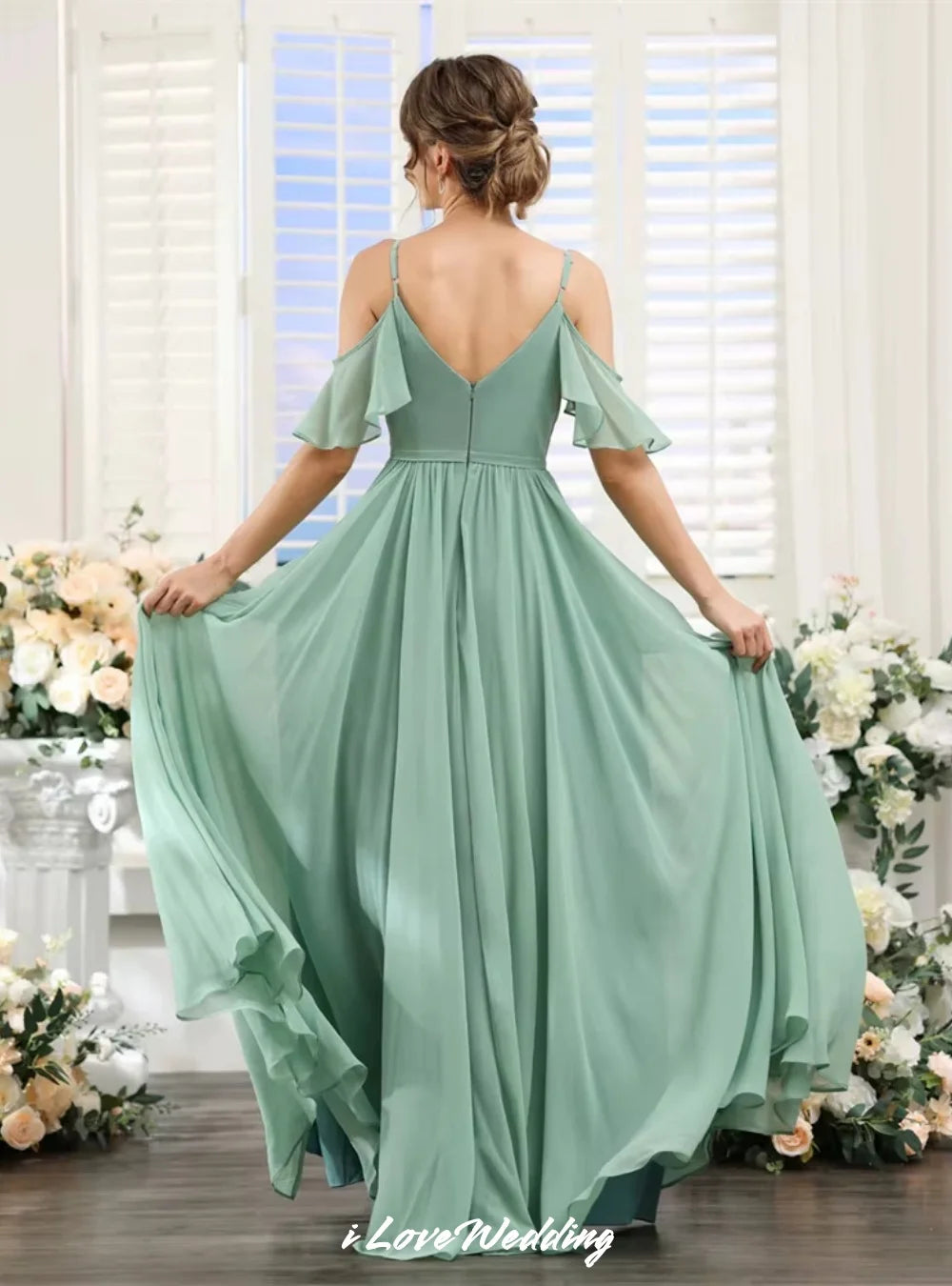 Elegant Sage Green Bridesmaid Dresses Chiffon Spaghetti-Strap A-Line Side Split Floor Length Wedding Party Dress Customized