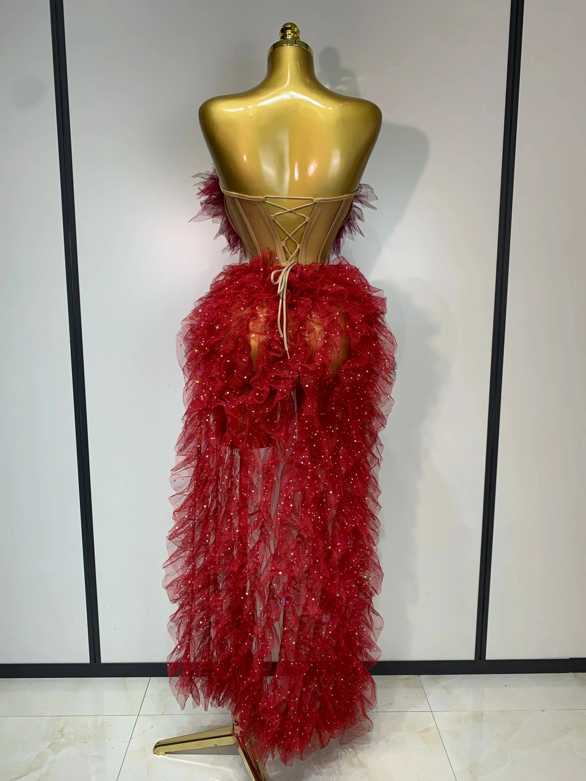 Women Sexy Strapless Mesh two Pieces Set Bodycon Long Dress High Split Nightclub Party Luxury Birthday Singer Stage Outfit