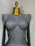 Sparkle Silver Rhinestones Stretch Bodysuits Women Luxury Birthday Evening Party Sexy Nightclub Singer Stage Costume
