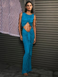 Turquoise Sleeveless Draped Dress with Waist Cutout for Fashion Party Prom Gown