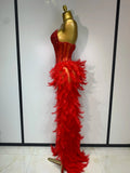 Sparkly Rhinestones Bodysuit Feathers Long Tail Dress Sexy Mesh Transparent Evening Party Celebrate Birthday Dress Stage Outfit