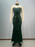 Dark Green Shining Sequin Neck Chain Strapless Ankle Length Dress Woman Cocktail Party Dress Celebrity Birthday Party Vestido