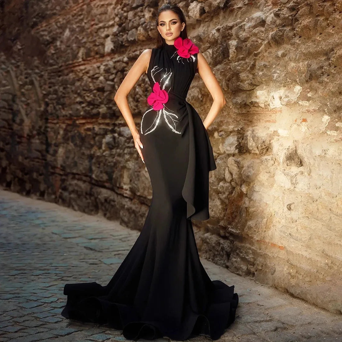 Gorgeous Black Mermaid Prom Dresses with Pink 3D Flowers Glitter Beaded Floral Long Formal Party Gown Chic Women Evening Dress