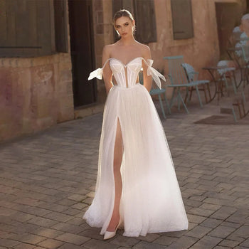 Sparkly Boho Wedding Dresses Sweetheart Shiny Bridal Dress Leg Slit Bride Party Gowns Off Shoulder Straps Prom Gown