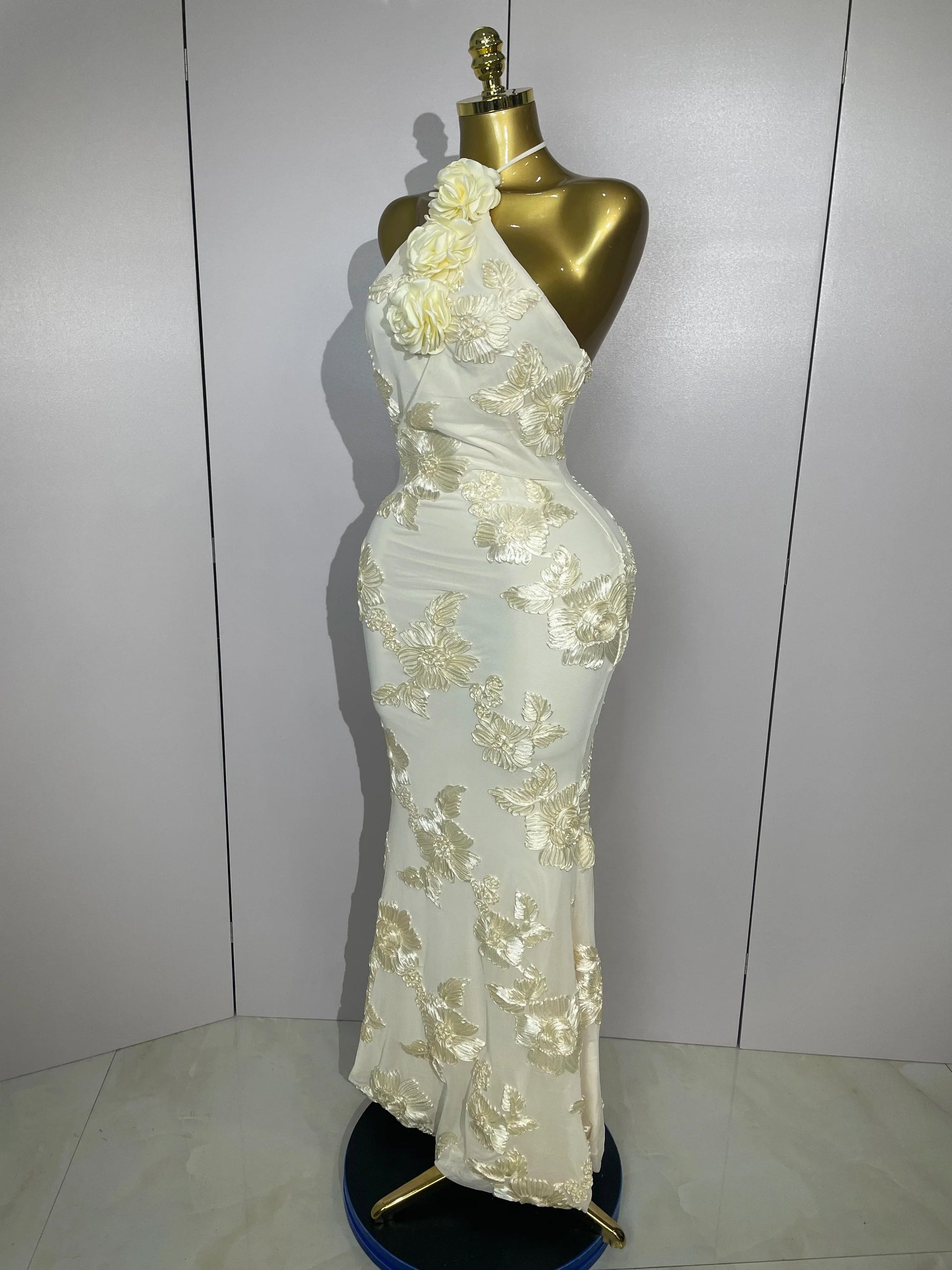 Sexy Halter High Waist Slim Embroidery Floral Long Dress Women Celebrate Evening Party Prom Fashion Cocktail Outfit