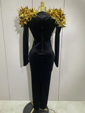 Shiny Gold Star Rhinestone Velvet Long Dress Women Evening Birthday Party Club Gala Hosts NightClub Bar Stage Costumes